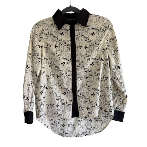 Yumi Novelty Owl Print Button-Up Blouse With Black Collar  Cuffs Size 2/4 - Picture 1 of 7